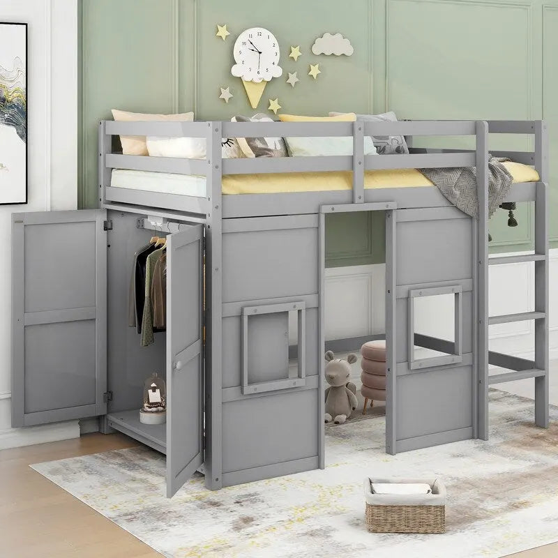 Letto a soppalco in legno a una piazza con armadio contenitore integrato e 2 finestre