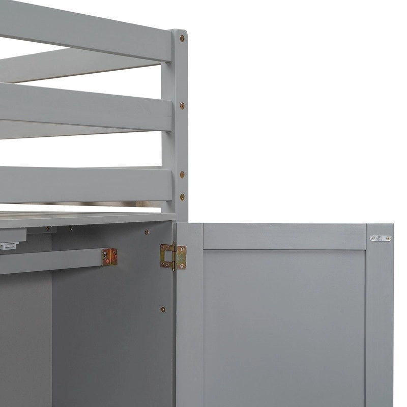 Letto a soppalco in legno a una piazza con armadio contenitore integrato e 2 finestre