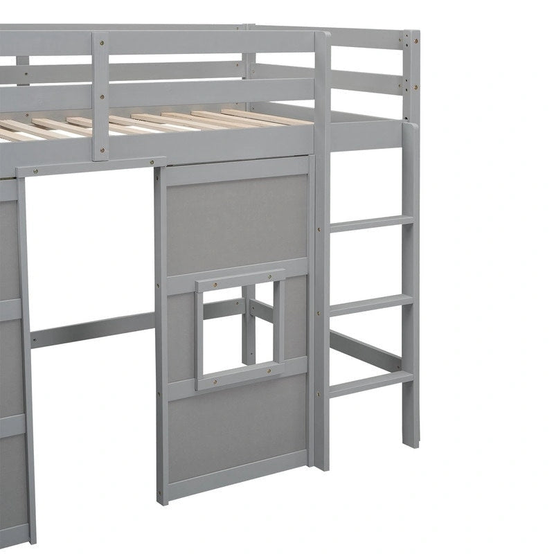 Letto a soppalco in legno a una piazza con armadio contenitore integrato e 2 finestre