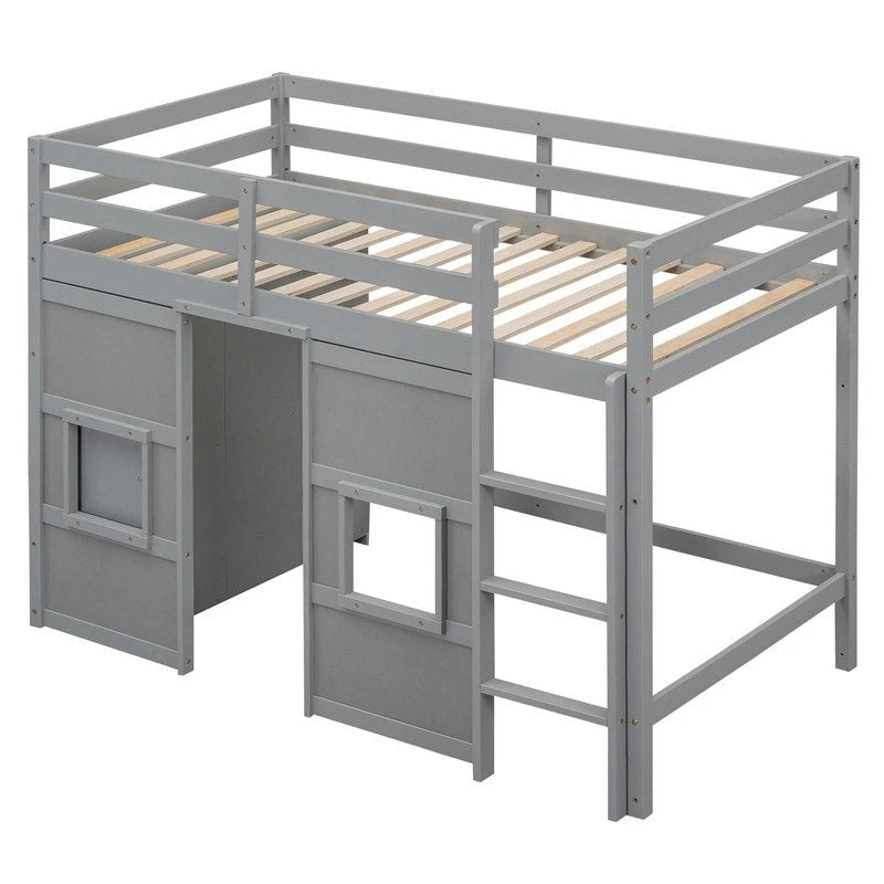 Letto a soppalco in legno a una piazza con armadio contenitore integrato e 2 finestre