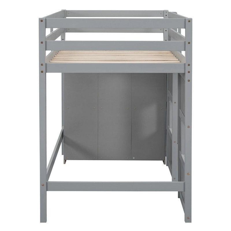 Letto a soppalco in legno a una piazza con armadio contenitore integrato e 2 finestre