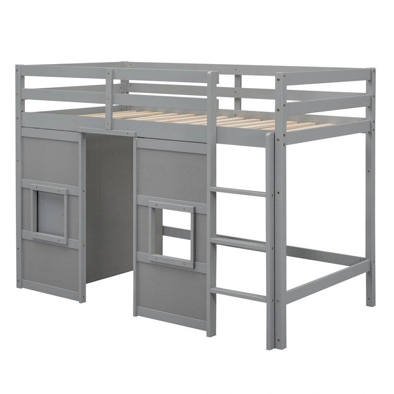 Letto a soppalco in legno a una piazza con armadio contenitore integrato e 2 finestre
