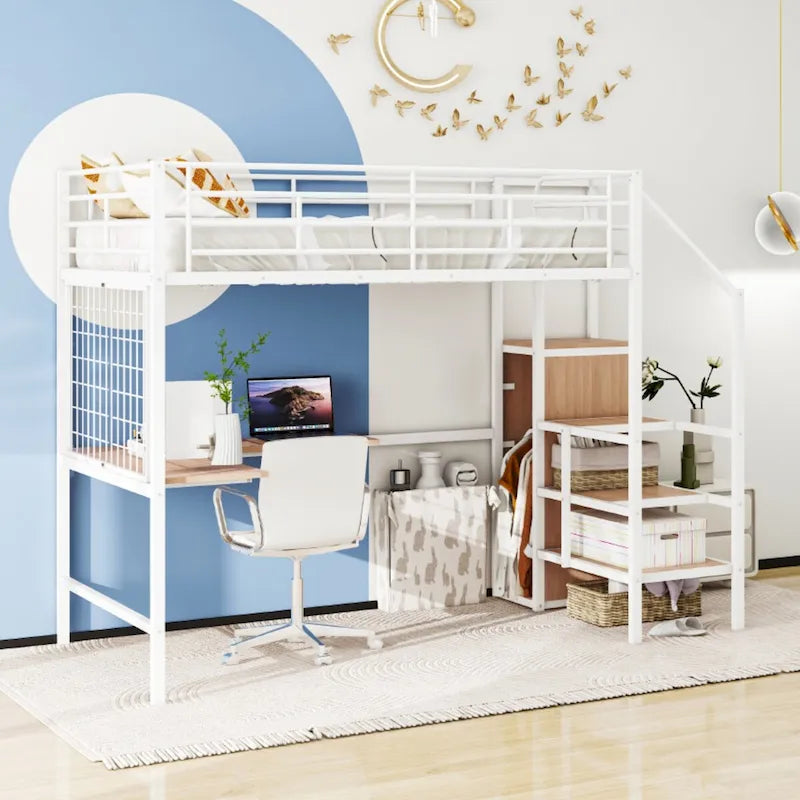 Cama alta de metal tamaño Full con escritorio, rejilla metálica y armario