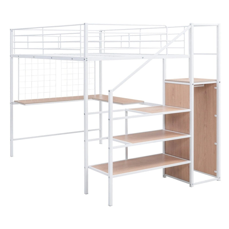 Cama alta de metal tamaño Full con escritorio, rejilla metálica y armario