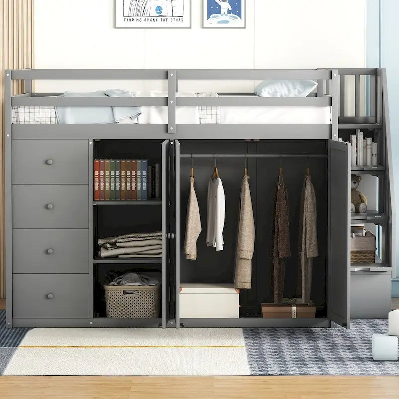 Cama alta matrimonial, estructura de cama alta de madera con armarios empotrados, gabinetes y cajones