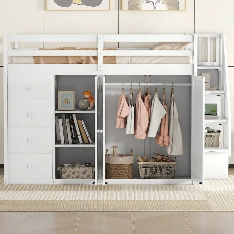 Cama alta matrimonial, estructura de cama alta de madera con armarios empotrados, gabinetes y cajones