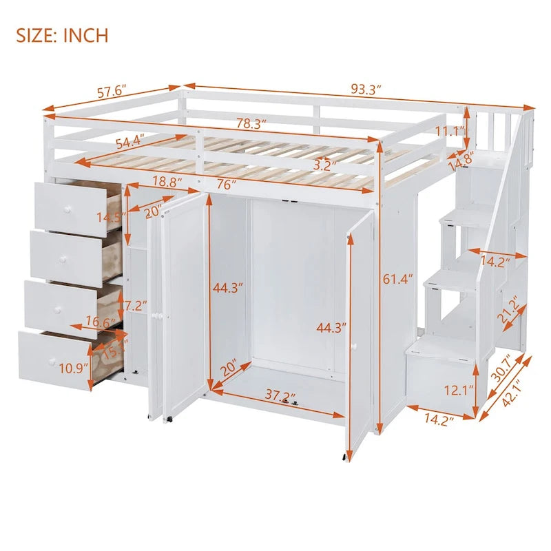 Cama alta matrimonial, estructura de cama alta de madera con armarios empotrados, gabinetes y cajones