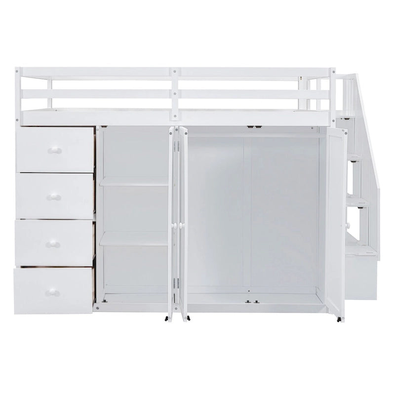 Cama alta matrimonial, estructura de cama alta de madera con armarios empotrados, gabinetes y cajones