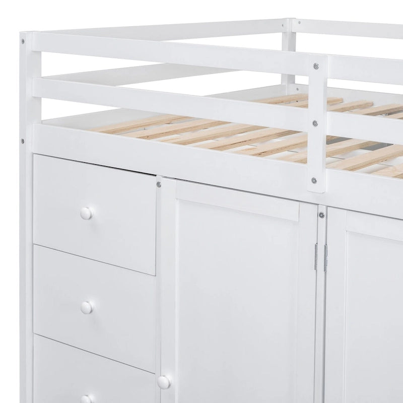 Cama alta matrimonial, estructura de cama alta de madera con armarios empotrados, gabinetes y cajones