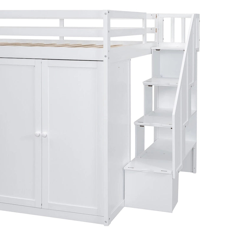 Cama alta matrimonial, estructura de cama alta de madera con armarios empotrados, gabinetes y cajones
