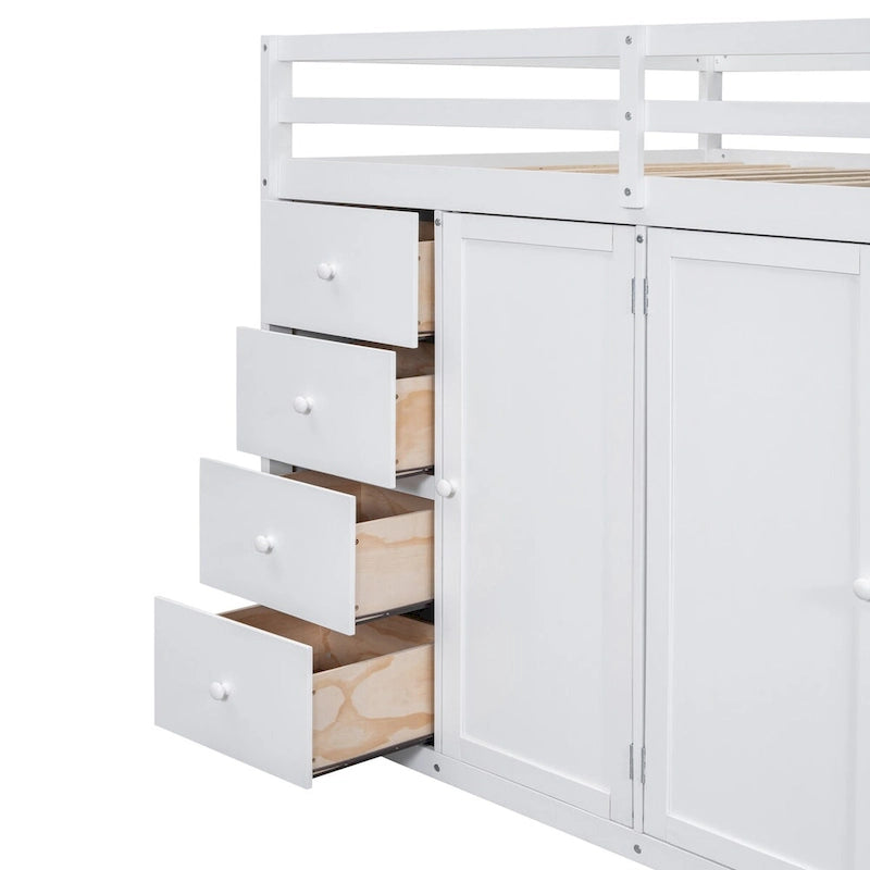 Cama alta matrimonial, estructura de cama alta de madera con armarios empotrados, gabinetes y cajones