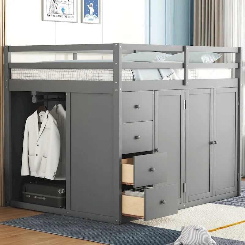 Cama alta matrimonial, estructura de cama alta de madera con armarios empotrados, gabinetes y cajones