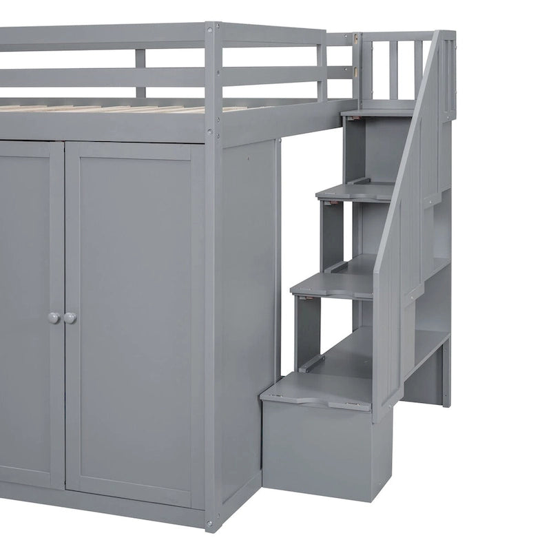Cama alta matrimonial, estructura de cama alta de madera con armarios empotrados, gabinetes y cajones