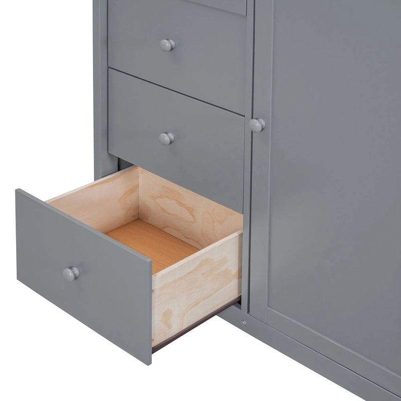 Cama alta matrimonial, estructura de cama alta de madera con armarios empotrados, gabinetes y cajones