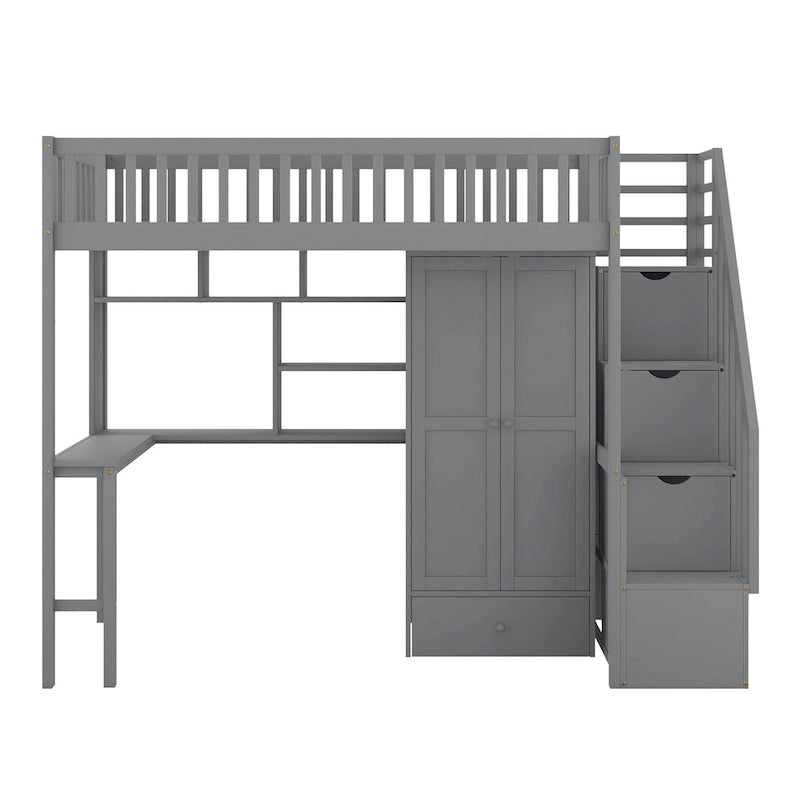 Cama alta tamaño twin con estantería, cajones, escritorio y armario