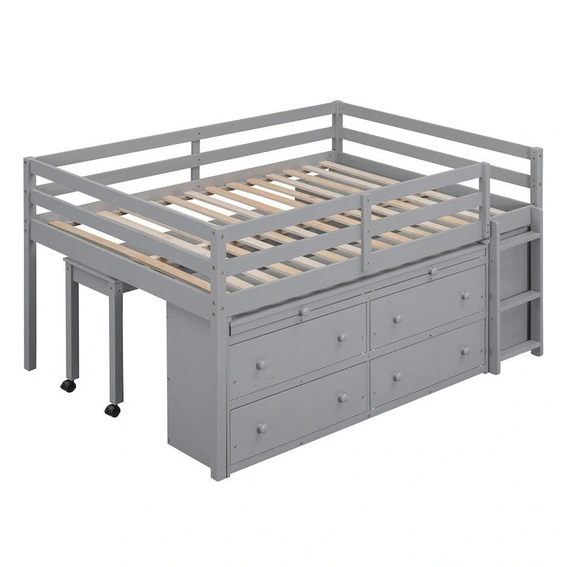 Cama alta de madera tamaño Full con escritorio retráctil para escribir y 4 cajones