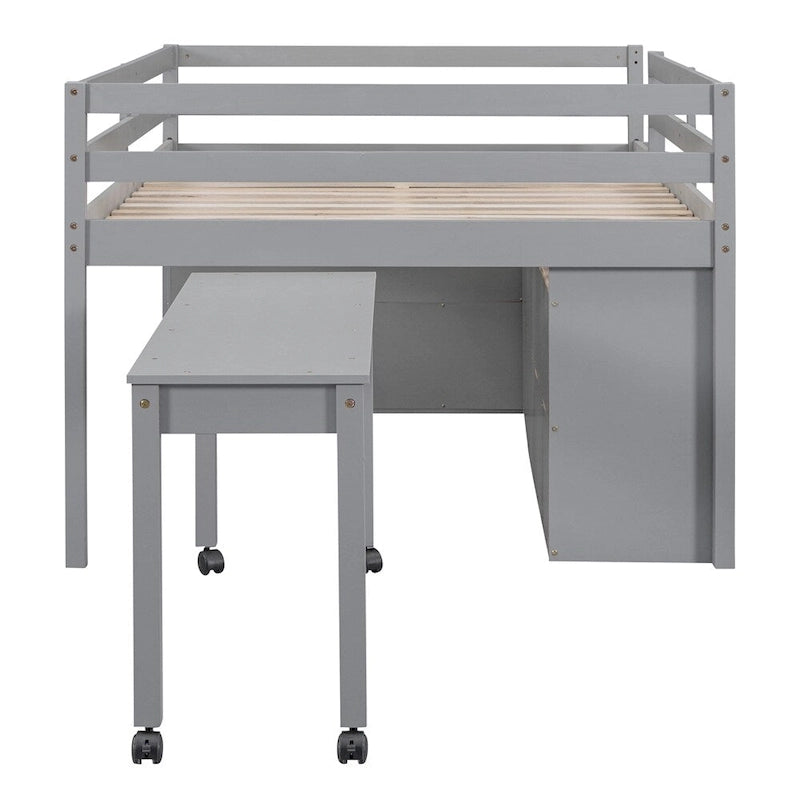 Cama alta de madera tamaño Full con escritorio retráctil para escribir y 4 cajones