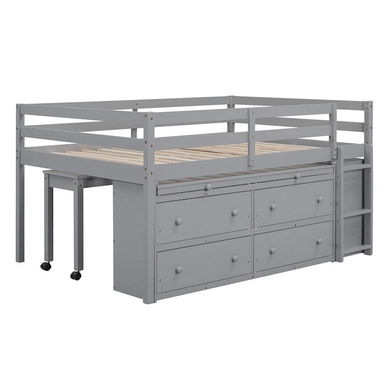 Cama alta de madera tamaño Full con escritorio retráctil para escribir y 4 cajones