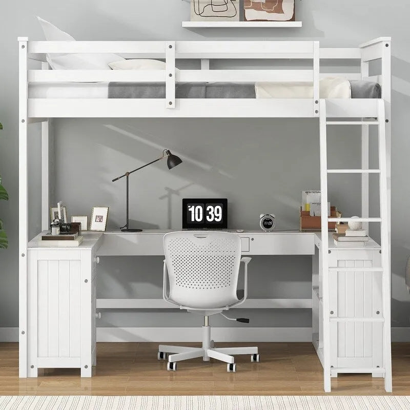 Full Size Loft Bed with U-shaped Desk, Cabinet and Storage Shelves
