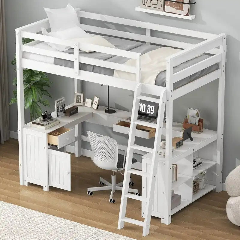 Cama alta de tamaño matrimonial con escritorio en forma de U, gabinete y estantes de almacenamiento