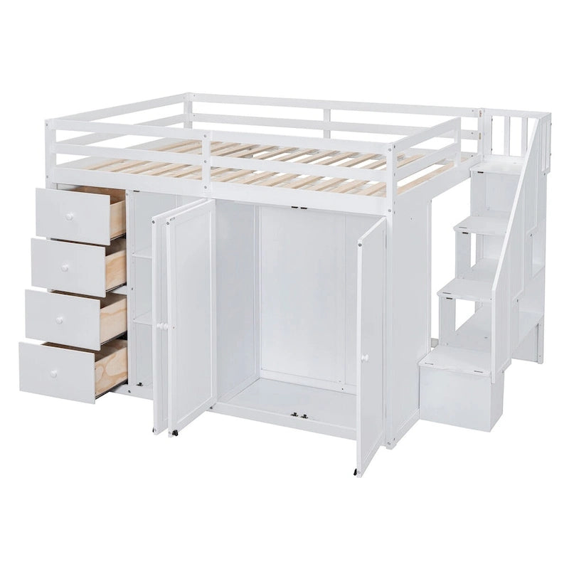 Cama alta matrimonial de madera con armarios empotrados