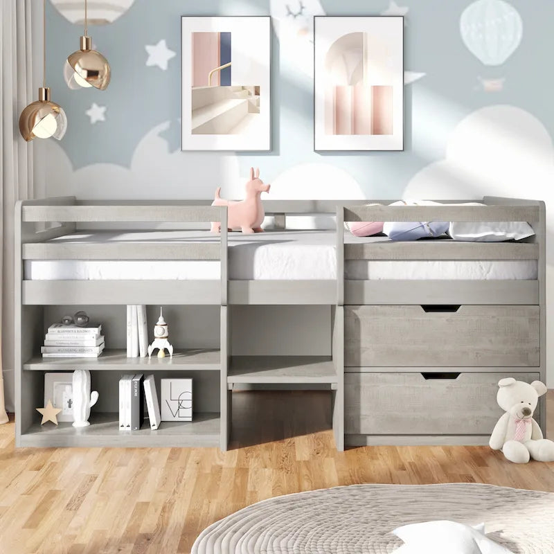 Cama alta individual con estantes y cajones