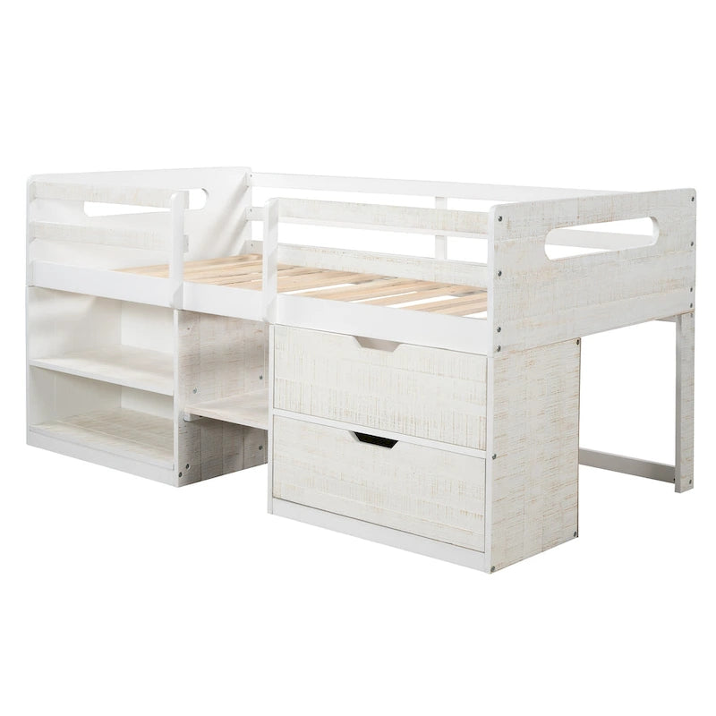 Cama alta individual con estantes y cajones