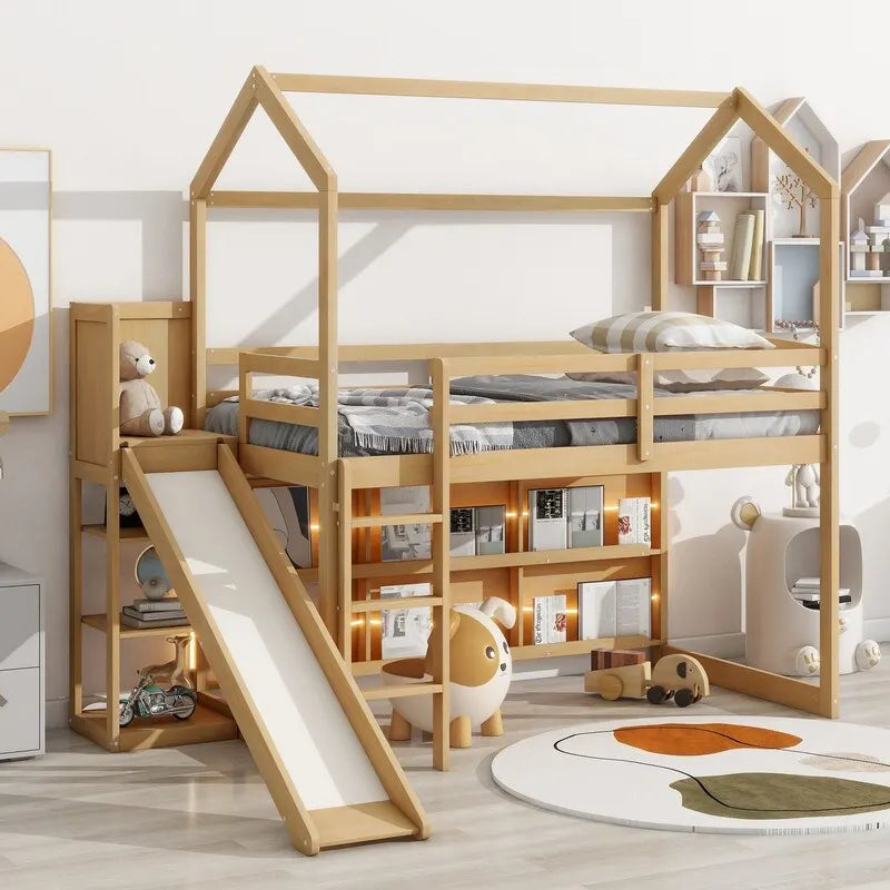 Hochbett in Twin-Größe aus Holz in Hausform mit Rutsche, Stauraum und Beleuchtung