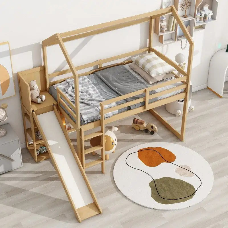 Hochbett in Twin-Größe aus Holz in Hausform mit Rutsche, Stauraum und Beleuchtung