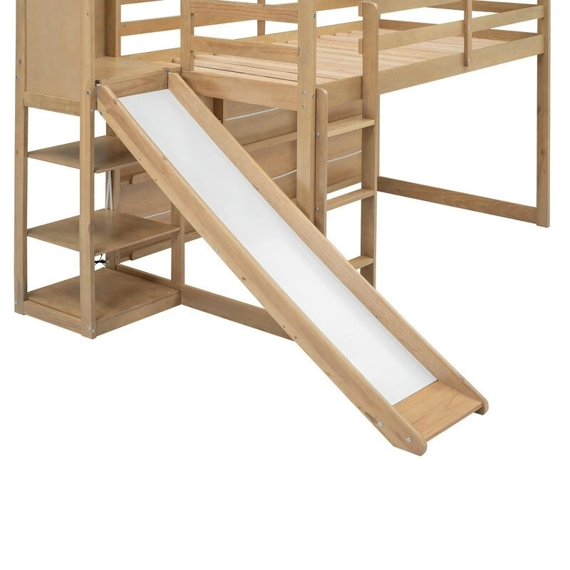 Hochbett in Twin-Größe aus Holz in Hausform mit Rutsche, Stauraum und Beleuchtung
