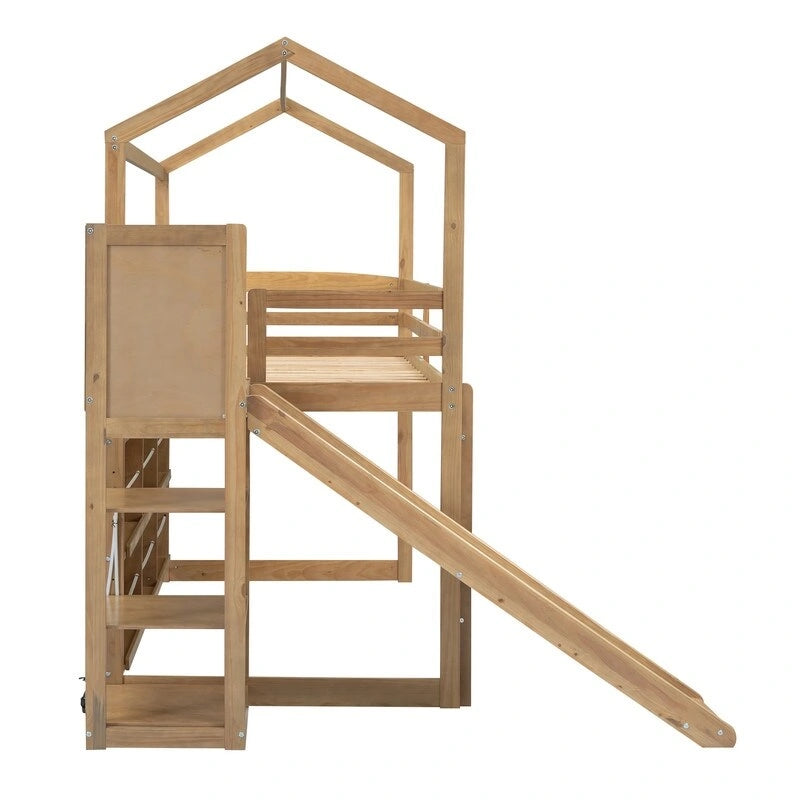 Hochbett in Twin-Größe aus Holz in Hausform mit Rutsche, Stauraum und Beleuchtung