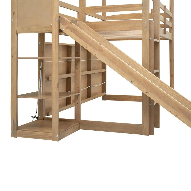 Hochbett in Twin-Größe aus Holz in Hausform mit Rutsche, Stauraum und Beleuchtung
