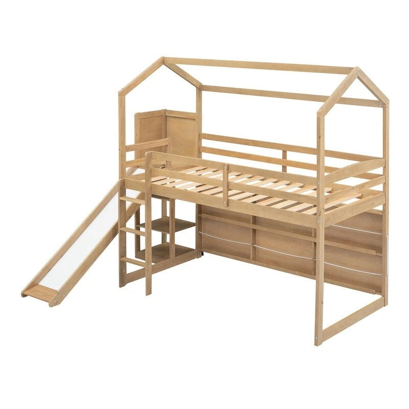 Hochbett in Twin-Größe aus Holz in Hausform mit Rutsche, Stauraum und Beleuchtung