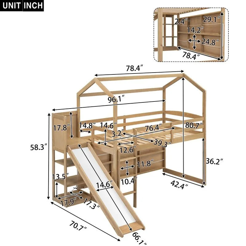 Hochbett in Twin-Größe aus Holz in Hausform mit Rutsche, Stauraum und Beleuchtung