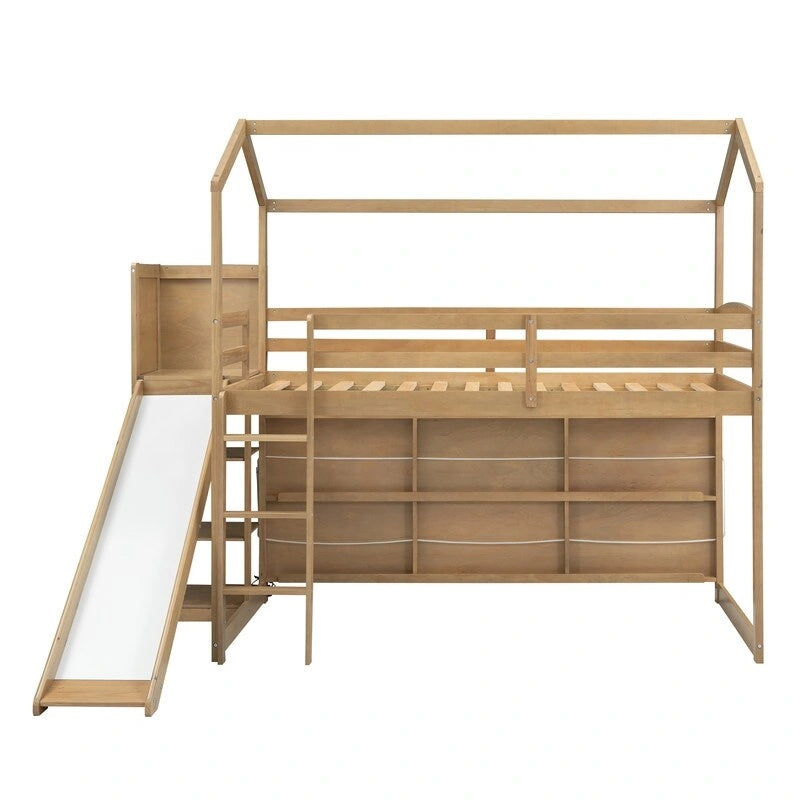 Hochbett in Twin-Größe aus Holz in Hausform mit Rutsche, Stauraum und Beleuchtung