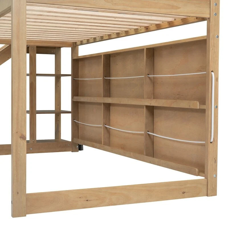 Hochbett in Twin-Größe aus Holz in Hausform mit Rutsche, Stauraum und Beleuchtung