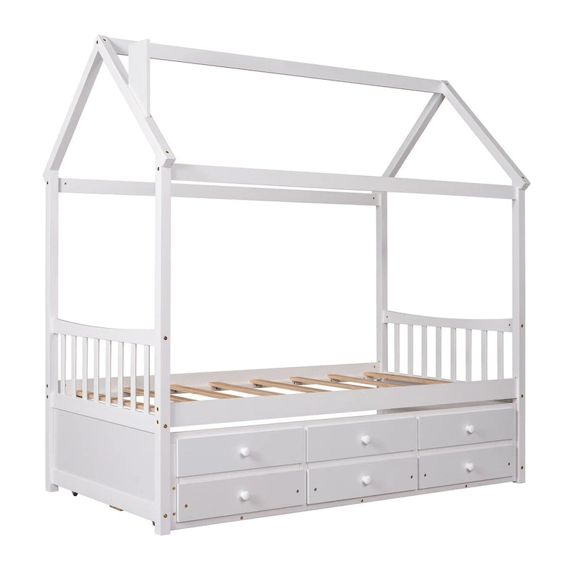 Cama tipo casa de madera tamaño Twin con cama nido extraíble y cajones adicionales