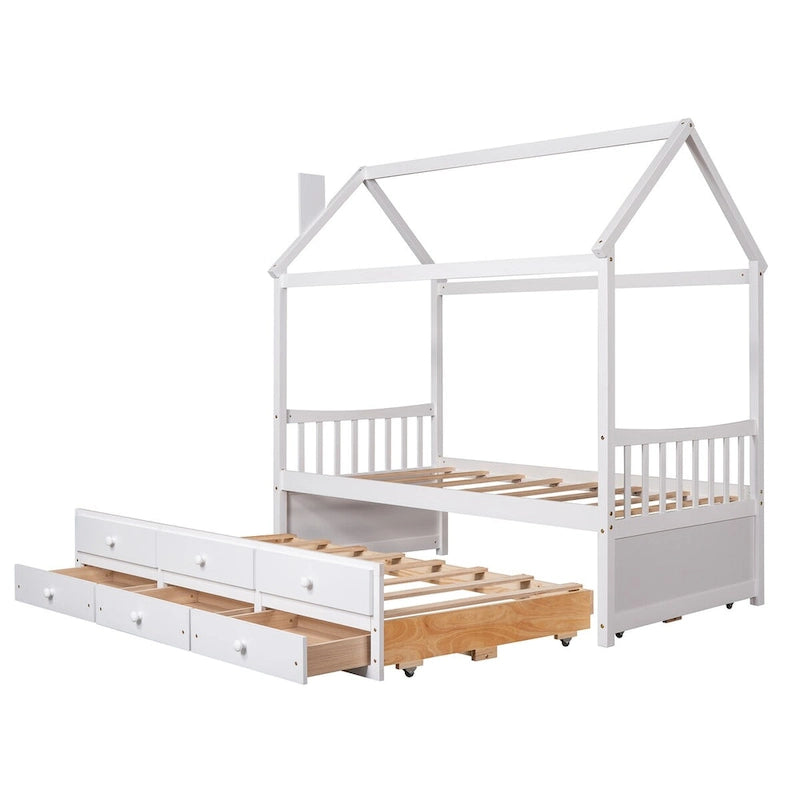 Cama tipo casa de madera tamaño Twin con cama nido extraíble y cajones adicionales