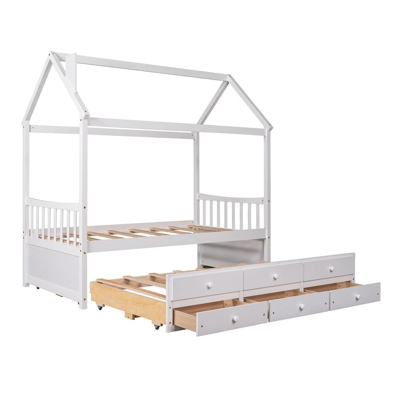 Cama tipo casa de madera tamaño Twin con cama nido extraíble y cajones adicionales