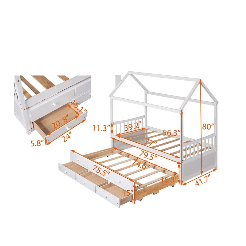 Cama tipo casa de madera tamaño Twin con cama nido extraíble y cajones adicionales