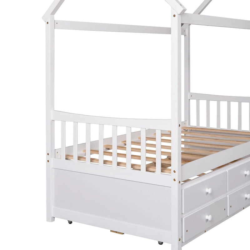 Cama tipo casa de madera tamaño Twin con cama nido extraíble y cajones adicionales