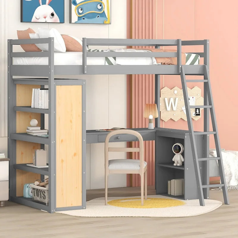 Cama alta con escritorio, estantes, cajón y escalera, barandilla de longitud completa