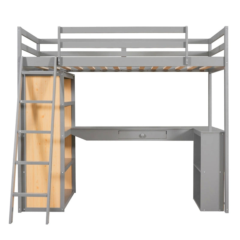 Hochbett mit Schreibtisch, Ablagefächern, Schublade und Leiter, umlaufendem Rausfallschutz