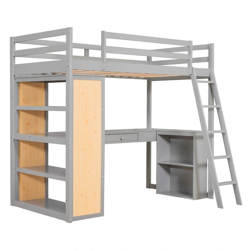 Hochbett mit Schreibtisch, Ablagefächern, Schublade und Leiter, umlaufendem Rausfallschutz