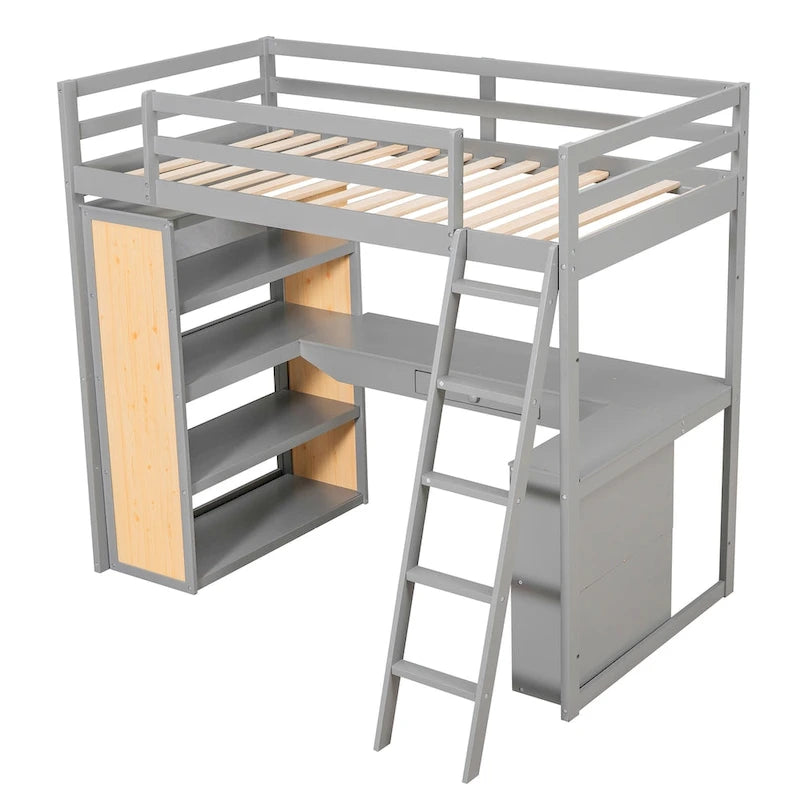 Hochbett mit Schreibtisch, Ablagefächern, Schublade und Leiter, umlaufendem Rausfallschutz