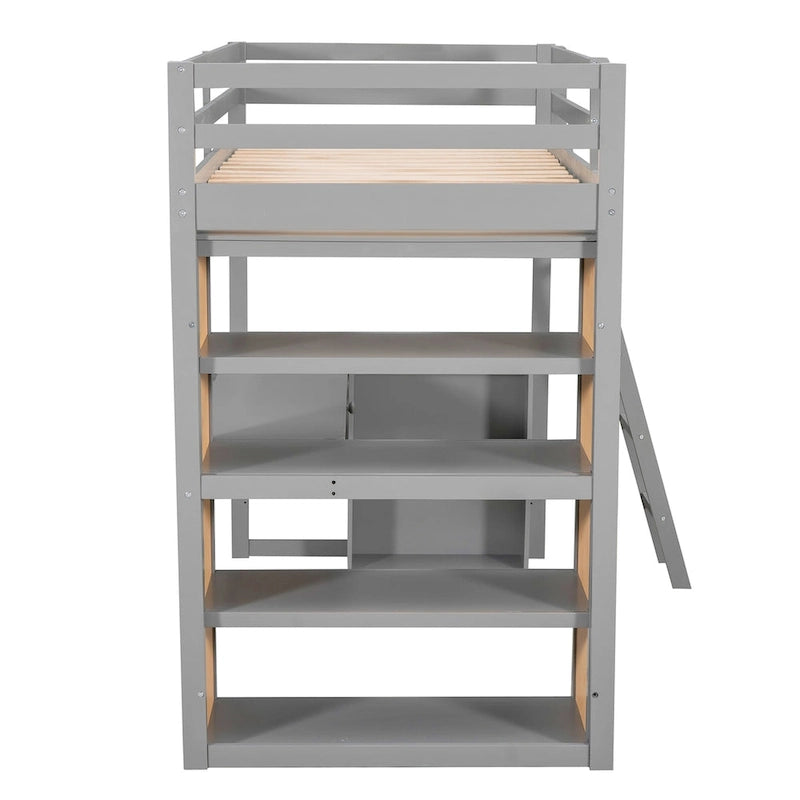 Hochbett mit Schreibtisch, Ablagefächern, Schublade und Leiter, umlaufendem Rausfallschutz
