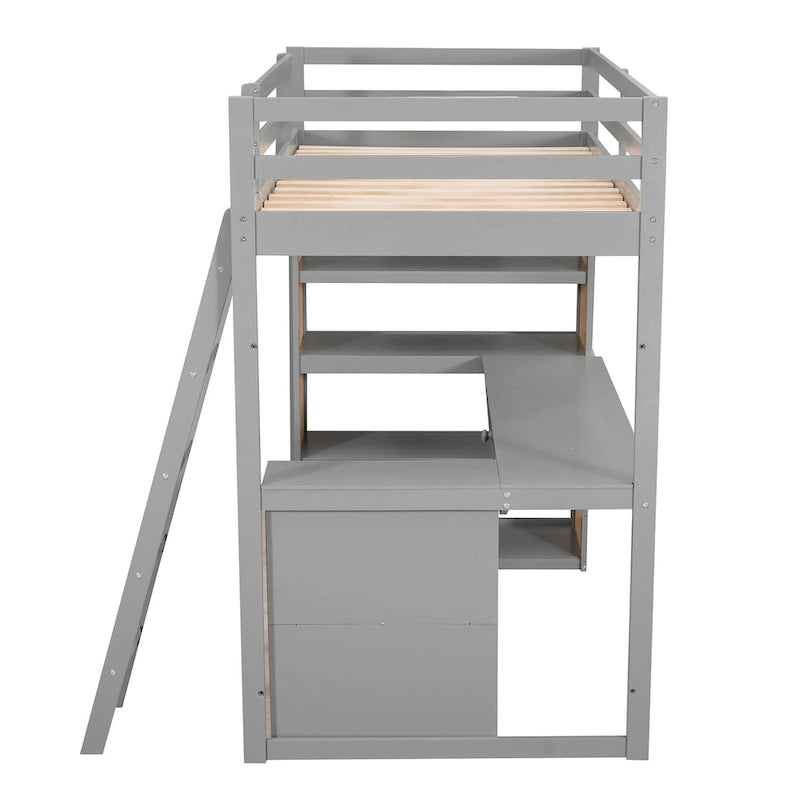 Hochbett mit Schreibtisch, Ablagefächern, Schublade und Leiter, umlaufendem Rausfallschutz