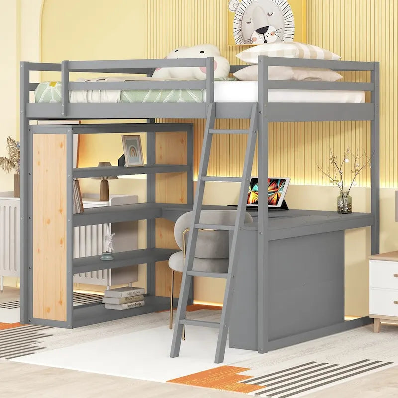 Hochbett mit Schreibtisch, Ablagefächern, Schublade und Leiter, umlaufendem Rausfallschutz