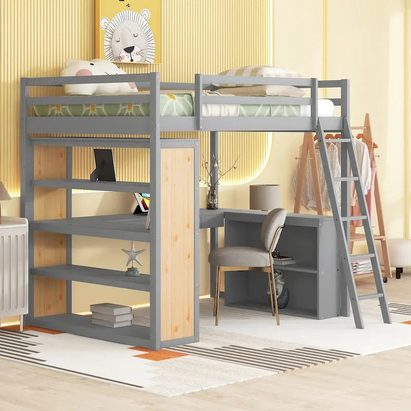 Hochbett mit Schreibtisch, Ablagefächern, Schublade und Leiter, umlaufendem Rausfallschutz
