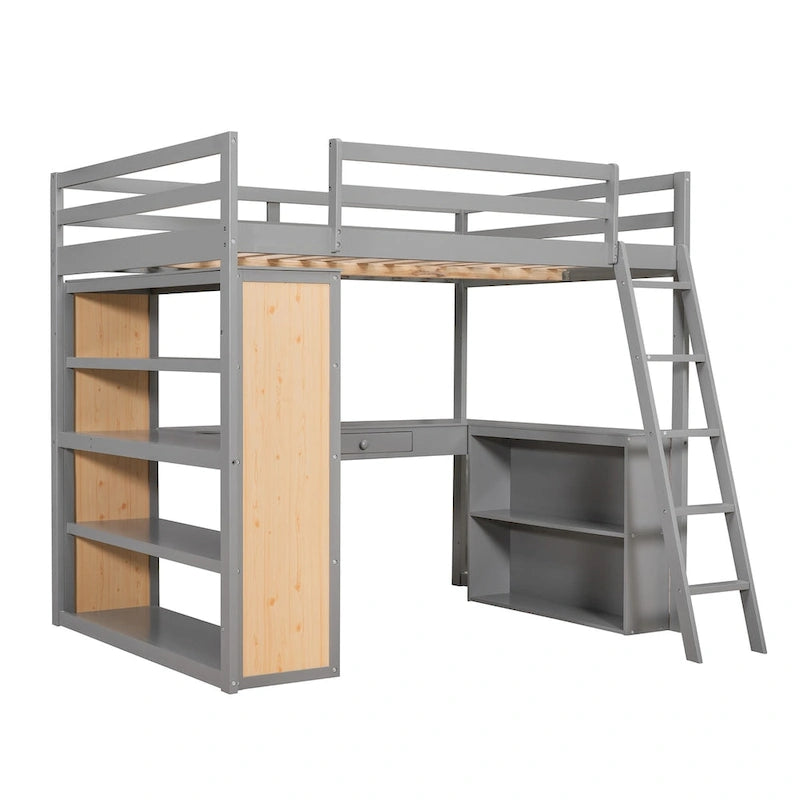 Hochbett mit Schreibtisch, Ablagefächern, Schublade und Leiter, umlaufendem Rausfallschutz